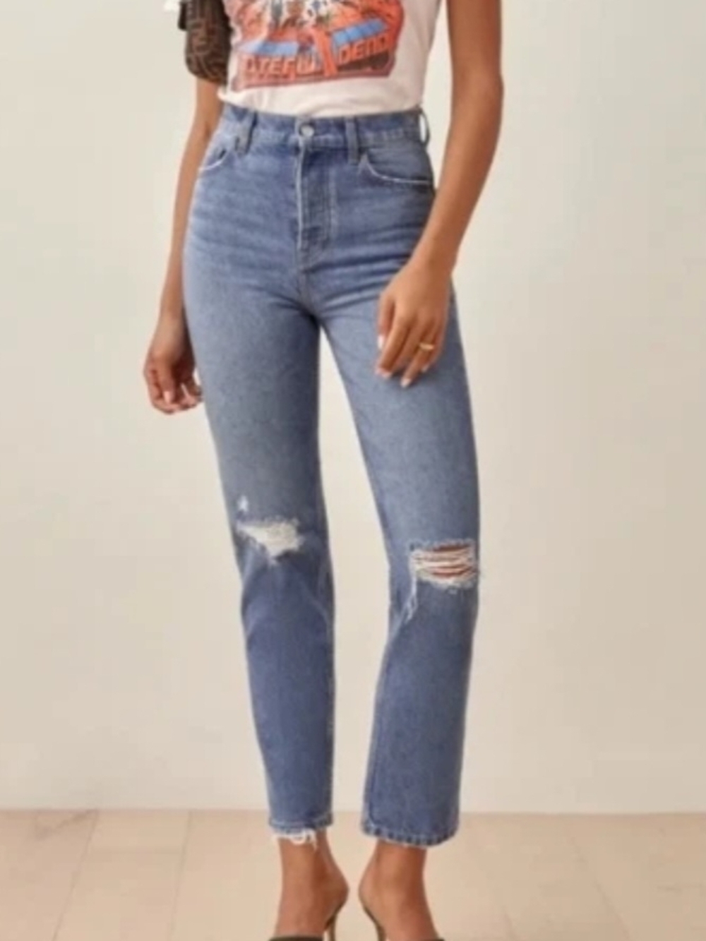 Reformation Light Blue High-Rise Straight Leg  Distressed Jeans
